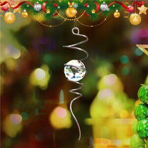 Gazing Ball Spiral Wind Spinner 13 Inch with Swivel Hook and 2 inch Crystal Ball
